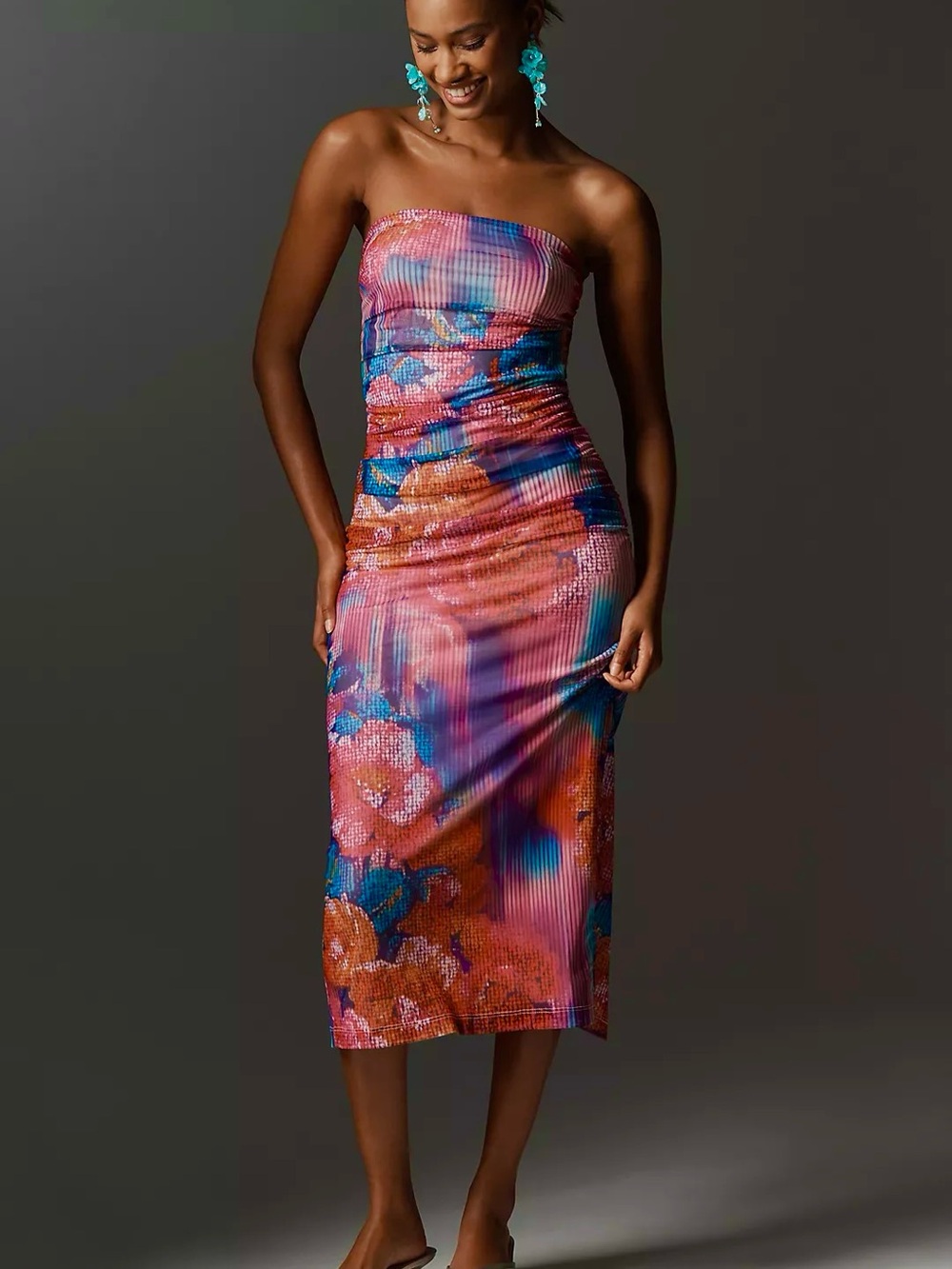 NWT Anthropologie The Soleil Slim Strapless Ruched Mesh Midi Dress in Pink XS